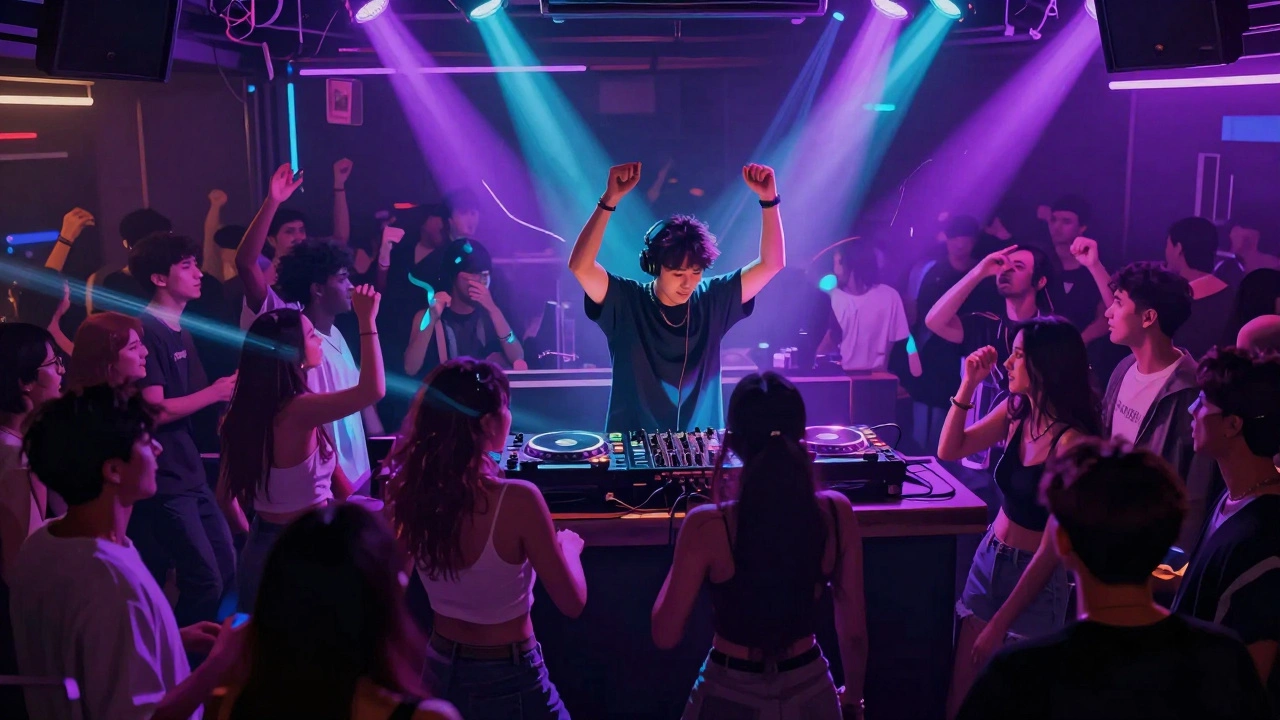 A crowded Hong Kong nightclub with a DJ performing for a diverse crowd under neon lights.