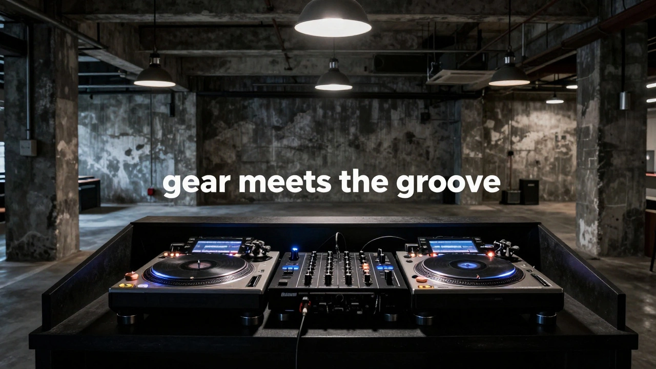 A DJ setup with turntables and controllers in an industrial warehouse setting.