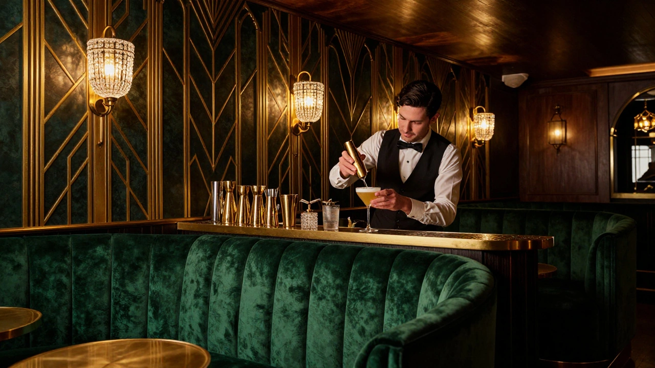 A luxurious Art Deco bar interior with green velvet seating and gold accents