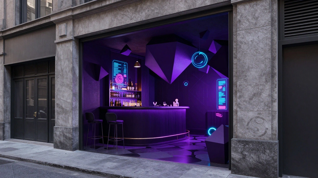 A surreal, sci-fi themed hidden bar with neon lights and geometric architecture