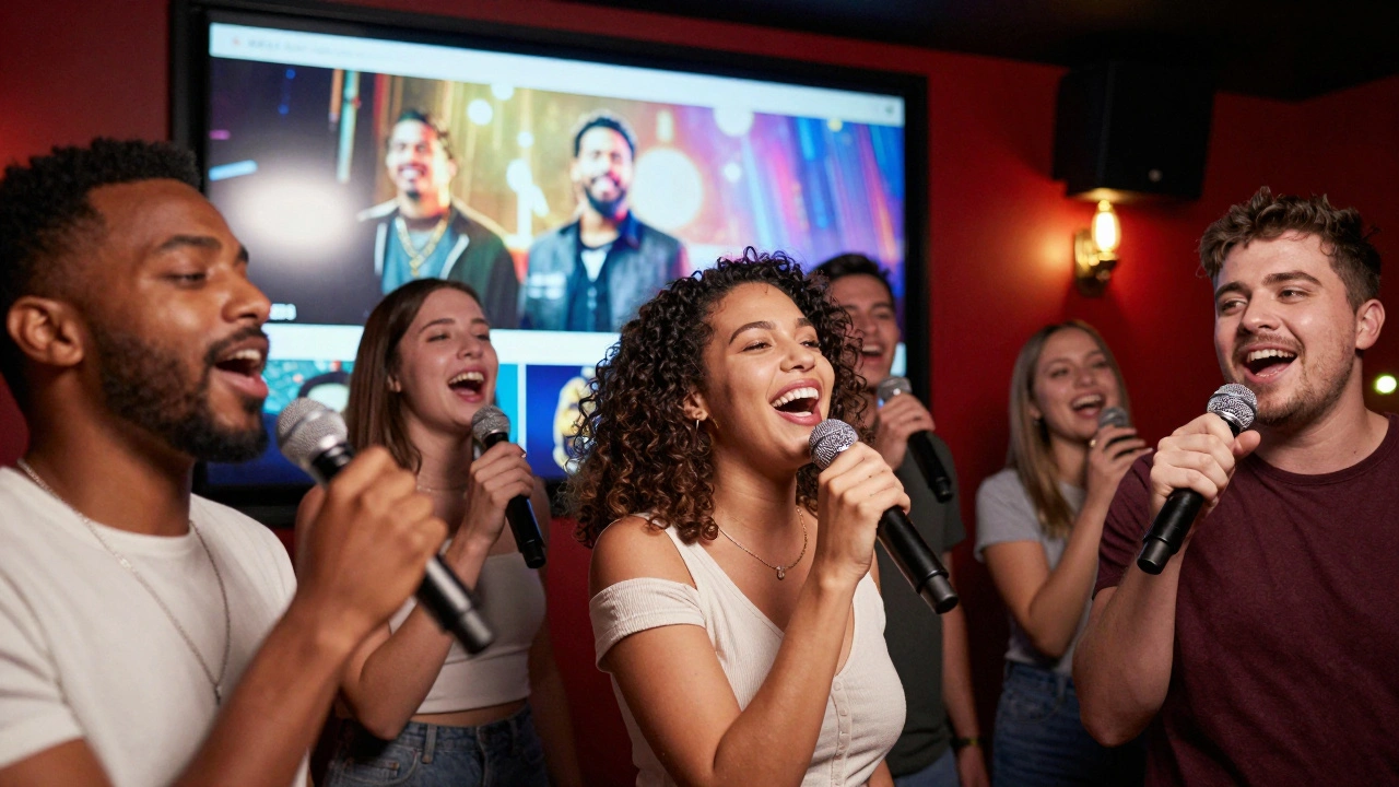 Group of friends singing with microphones in a high-end party room