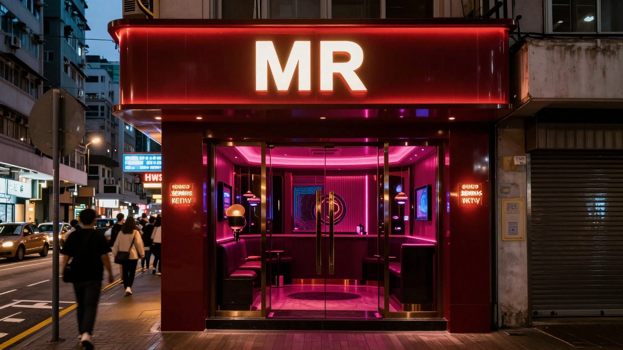 Sleek entrance of a Red MR karaoke venue in a busy Hong Kong street